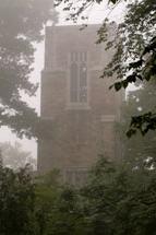 Picture of McCartney Library bell tower on a foggy morning